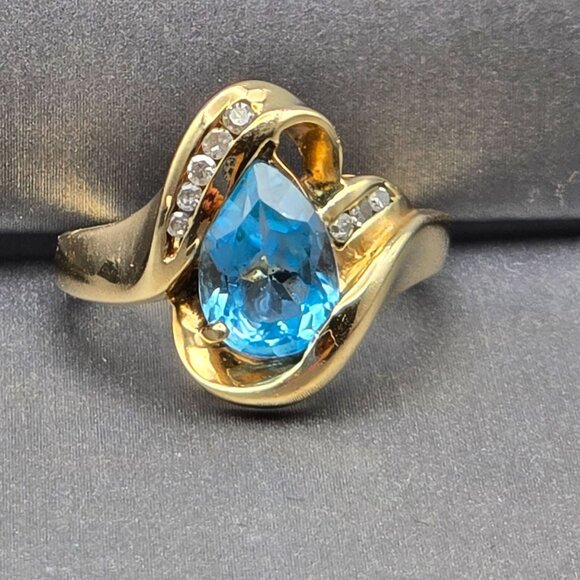 10K Yellow Gold Pear-Cut Sky-Blue Topaz & Diamond Accents Ring Size 7 4.66g - Picture 16 of 16